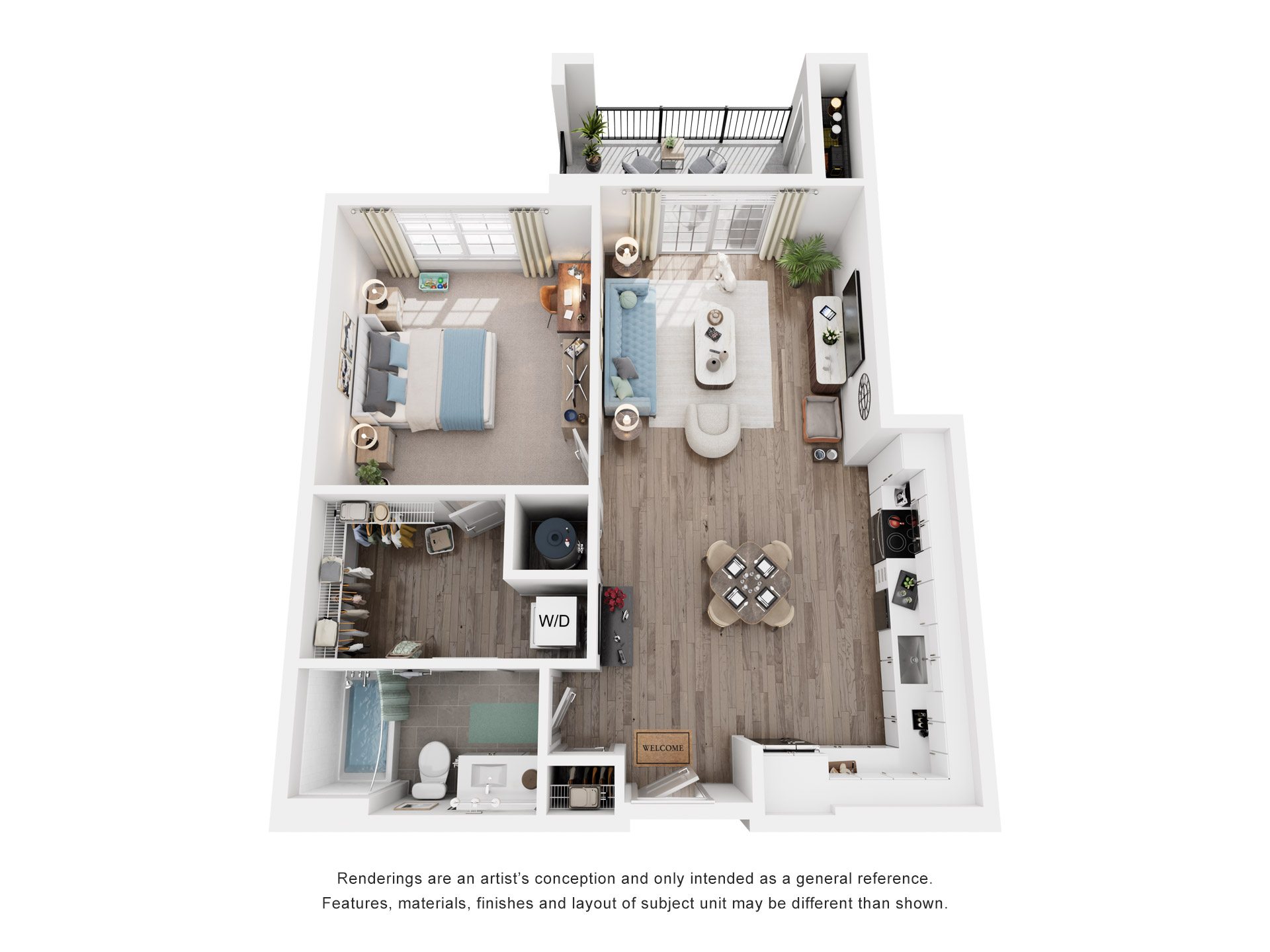 Floor plan for 1 bed, 1 bath, 750 sqft